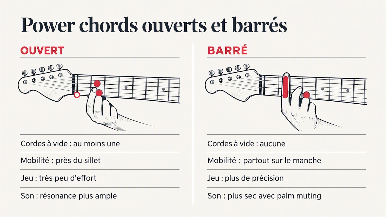 Comparaison des power chords ouverts et barrés