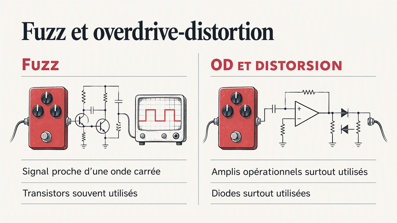 Fuzz et saturation comparées par signal et composants