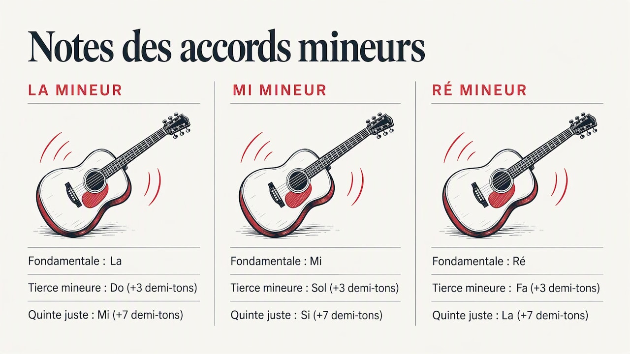 Notes et intervalles des trois accords mineurs